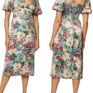 Tea length Floral Puff Sleeve Dress